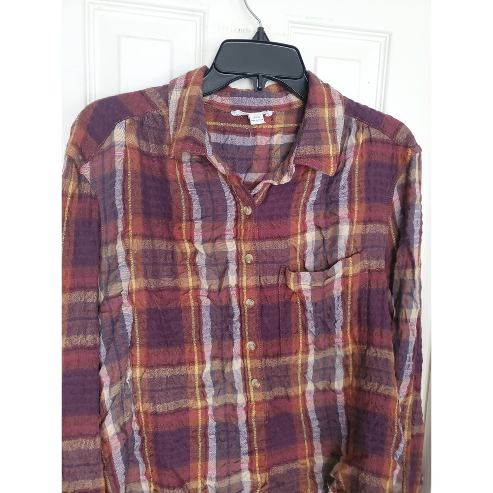 Beachlunchlounge Fall Plaid Button Down Shirt Purple Burgundy Raw Hem Large